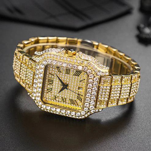 Straight European Hip Hop Diamond Quartz Wrist Watch  ( UAE Delivery Time: 1-3 Days )